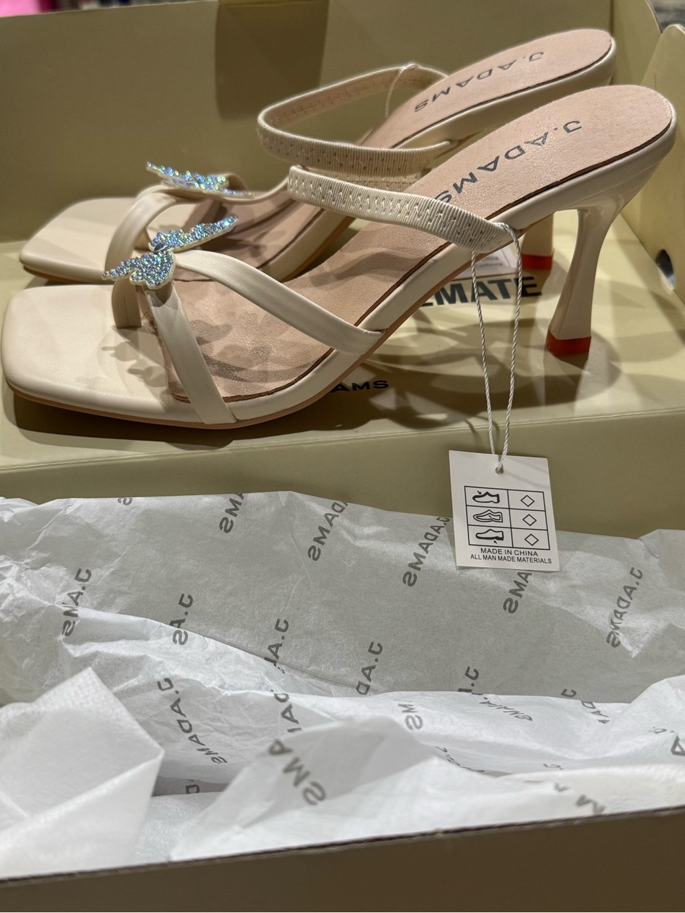 NIB J Adams Audrey W EU 38 Cream Butterfly Embellished Heeled Sandals